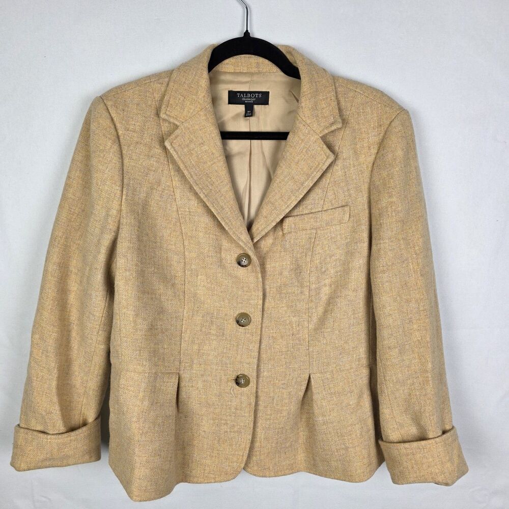 Talbots Petites Tan 100% Wool Tweed Blazer Jacket 16P VN363 05/10 Three Button